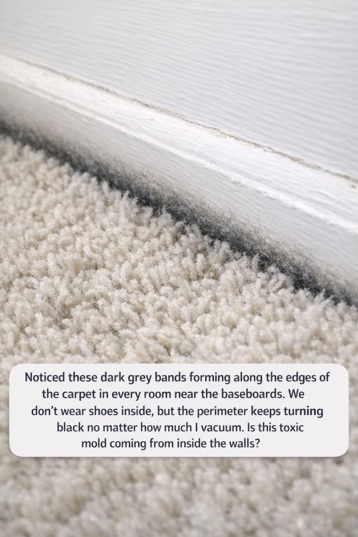 Noticed these dark grey bands forming along the edges of the carpet in every room near the baseboards. We don’t wear shoes inside, but the perimeter keeps turning black no matter how much I vacuum. Is